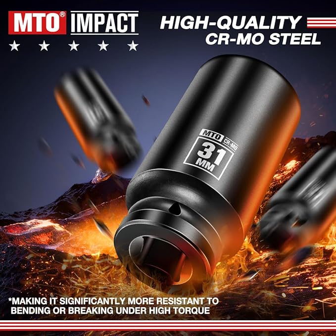 MTO 1/2" Drive 31mm Deep Impact Socket, 6 Pt. Metric Socket, CR-MO Steel & Anti-Corrosion Coating for Heavy-Duty Use