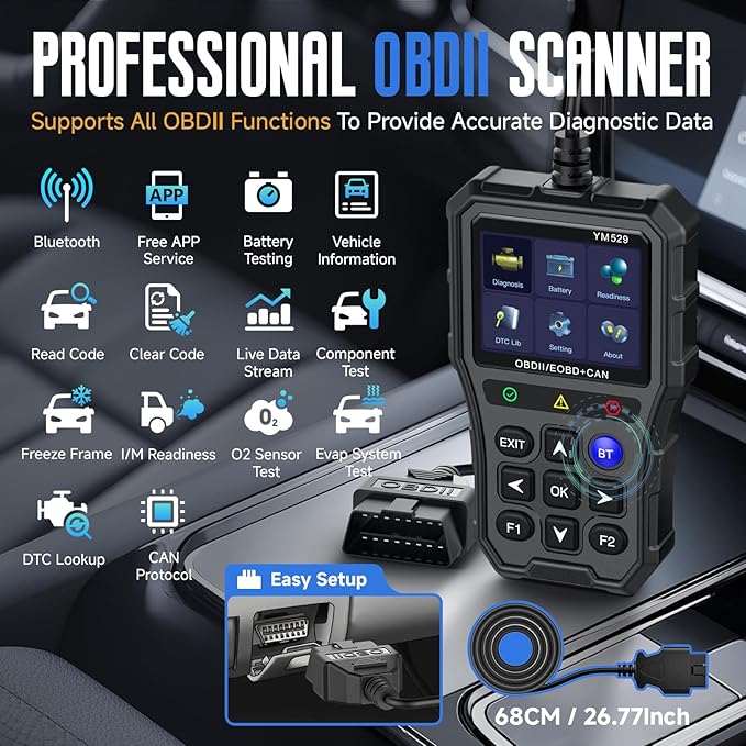 Bluetooth OBD2 Scanner with Battery Tester & Monitoring & Life Test - Support Checking Car Diagnostic Information on iPhone & Android, 2.8 inch HD Large Color Screen, TPU case Protection, Black