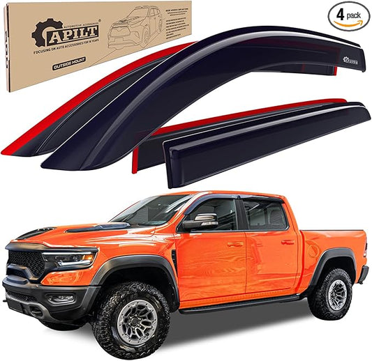 Outside-Mount Rain Guards Window Visors for 2019-2026 Dodge RAM 1500 Crew Cab (New Body Style) Full-Size Wind Vent Deflectors Truck Accessories Dark Smoke 4-Piece Set with Thicker