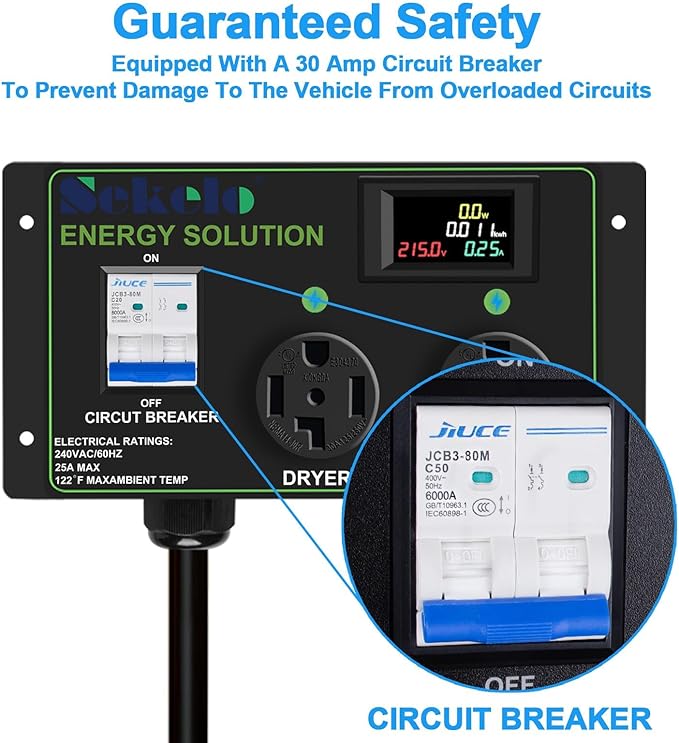 Smart EV Charging Integration: Sekelo Automatic Power Switch for Dryer & EV, NEMA 14-30P to 14-30R & 14-50R, 240V, 24A 5.76kW Max Power Splitter, Fast Charging, Real-time Display