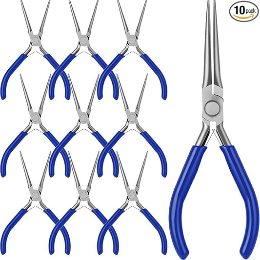 10 Pack Mini Needle Nose Pliers Bulk, 6 Inch Precision Pliers Set with Extra Long Tips for Jewelry Making, Wire Wrapping, Small Object Gripping, DIY Project (Blue)