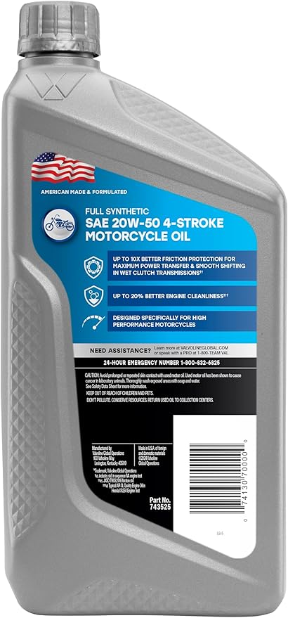 Valvoline 4-Stroke Motorcycle Full Synthetic SAE 20W-50 Motor Oil 1 QT, Case of 6