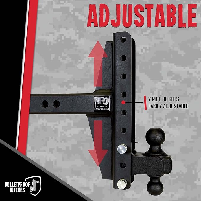 BulletProof Hitches - 2.5" Adjustable Extreme Duty Trailer Hitch (36,000 lb. Rating) - Offset 4" & 6" Drop/Rise with 2" and 2 5/16" Dual Ball - Powder Coat, Solid Steel, Corrosion-Resistant