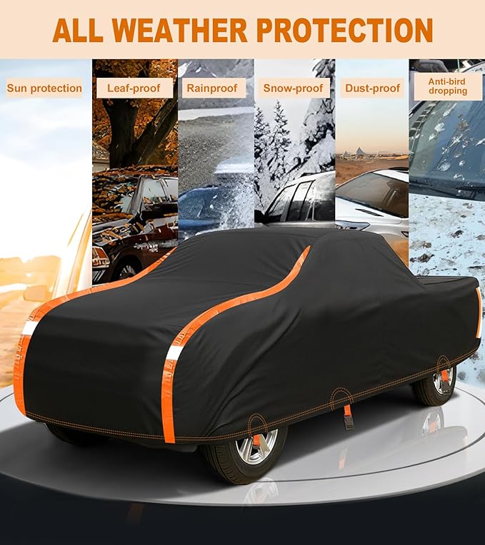 Truck Cover Heavy Duty 100% Waterproof Pickup Truck Cover All Weather Protection Rain UV Full Car Cover Fit Most Regular Cab Short Box Ford F100 Chevy Ram 150 250 Fit Length Up to 210"