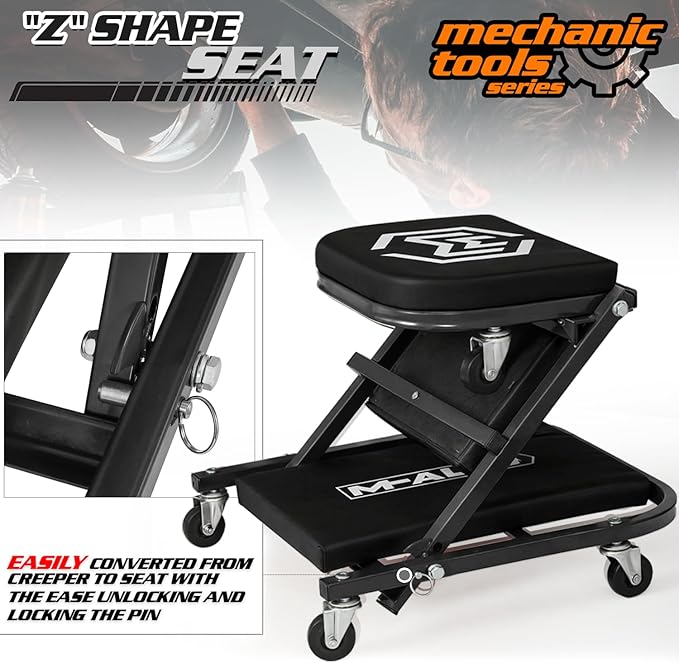 M-AUTO 40-Inch Folding Creeper Rolling Seat, All-in-One Adjustable Roller Garage Chair, Lay Down or Sit, 330LBS Capacity Under Car Roller Creeper with 6 Swivel Casters, Black