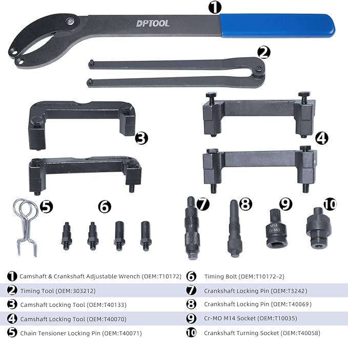 DPTOOL Timing Tool Kit Replacement for Audi VW 2.0 2.4 2.8 3.0T 3.2 4.2 5.2 Engine A4 A6 A6L A8 Q5 Q7 R8 303212 T40133 T40070 T40058 T10172 Alignment Camshaft Locking Tool