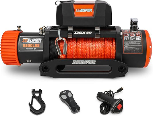 ZESUPER 9500 lb Electric Winch,12 Volt Winch with Wireless Handheld Remotes and Wired Switch,Hawse Fairlead,Hook,Synthetic Rope Waterproof IP68 Winch for Jeeps,SUV,Trailer Truck