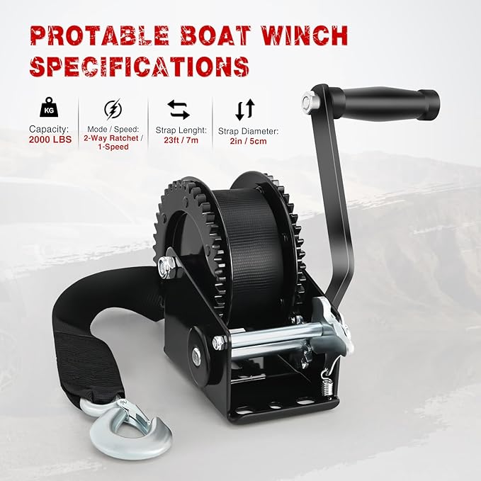 Nilight Boat Trailer Winch 2000 Lbs Hand Crank Winch Heavy Duty Boat Winches with 23Ft Strap Rope Hook 2-Way Ratchet 4:1 Gear Portable Marine Manual Winch for Trailers Boats RV ATV Jet Ski Towing