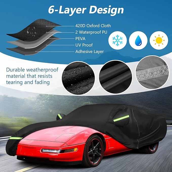 for C4 Corvette Car Cover Waterproof, Sun Heat Protection Outdoor Full Covers with Driver Side Zipper Windproof Heavy Duty All Weather Fit for C4 1984-1996 Chevy Corvette,Not for Rear Wing