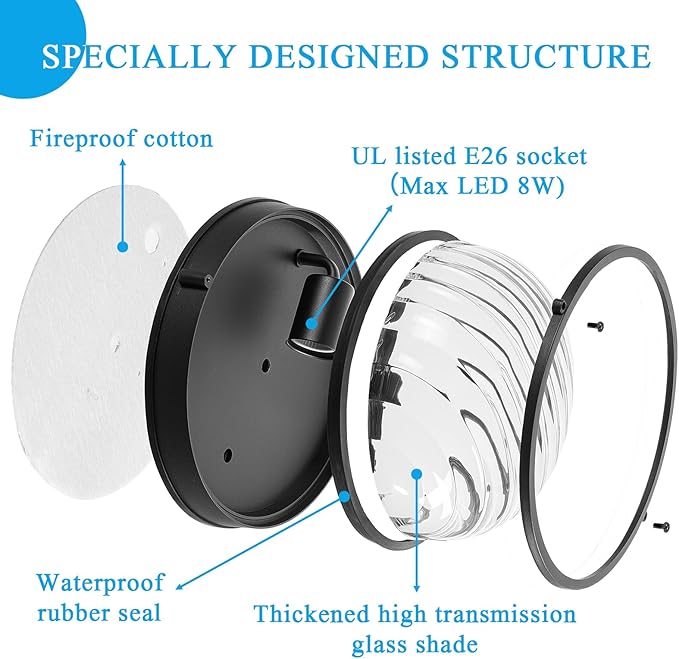 10 Inch Bulkhead Light Fixture Aluminum Bulkhead Ceiling Light with Thickened Clear Glass Waterproof Outdoor Wall Lights for Porch Basement Balcony or Sauna Room E26 Socket UL Listed