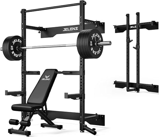 Folding Squat Rack, Wall Mounted Power Rack for Home Gym, Space Saving Multi-Functional Power Cage with Attachments