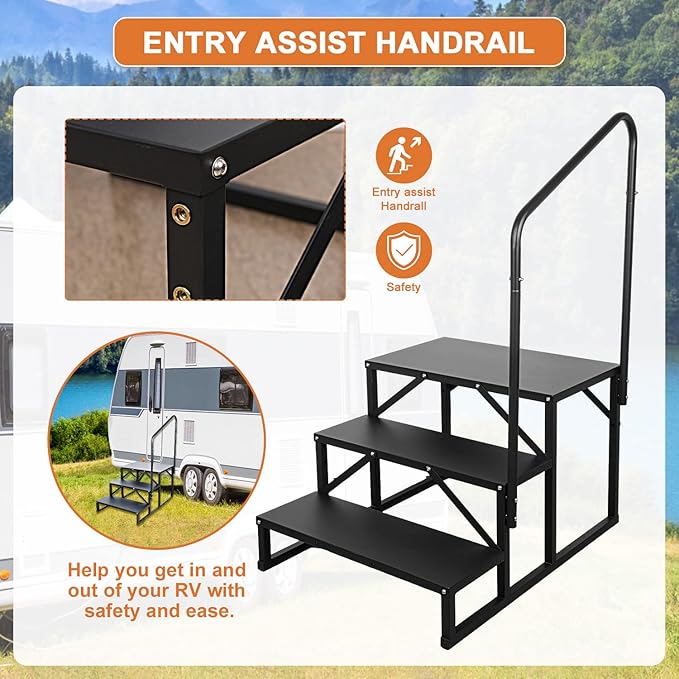 3 Step RV Stairs, Hot Tub Steps, Outdoor Spa Step Ladder with Handrail,Portable Economy 5th Wheel Stair for Travel Trailer, Motor Home, Camper and Porch with Non-Skid Tapes