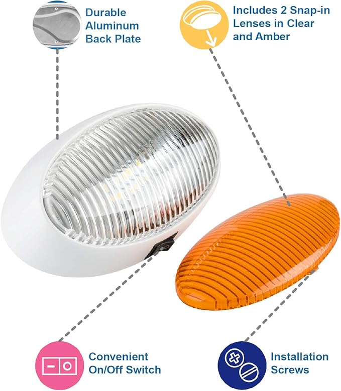 Lumitronics RV 12V LED Oval Porch Utility Light with On/Off Switch, Clear & Amber Lenses For Motorhomes, Campers, Trailers, 5th Wheels (White)