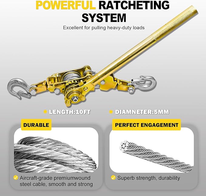 Come Along Winch Puller 2T, 10FT Cable Hoist Winch Puller with 2 Hooks, Come Along Tool Heavy Duty, Ratchet Puller for Lifting Pulling Construction Building