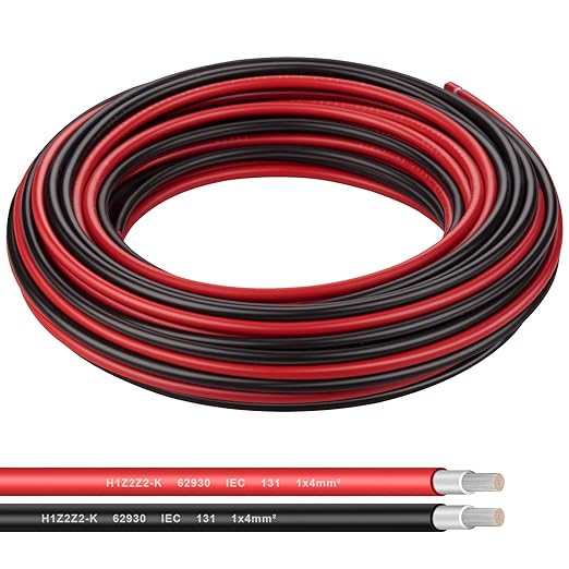 12AWG (4mm²) Tinned Copper PV Extension Cable - Solar Panel Connection Wire for Outdoor RV Marine Automotive Boat (50FT Black + Red Pair)