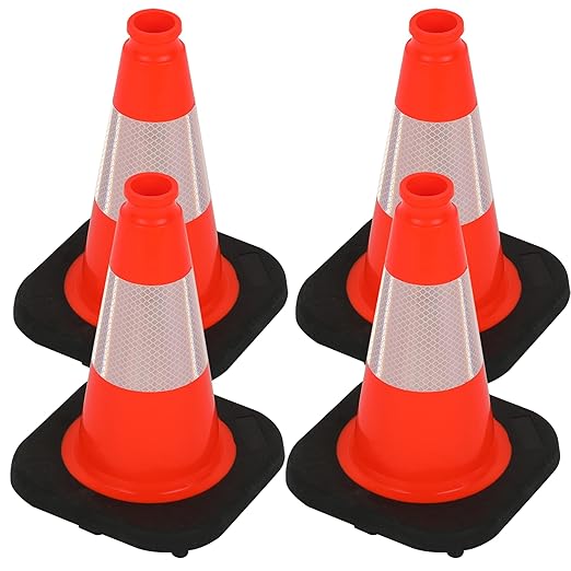 OrangeStar 12" Traffic Cones 4-Pack, Orange Safety Cones with Reflective Collar & Heavy Duty Base for Driving Practice, Parking Lots, Roadwork, Construction | Indoor & Outdoor Use