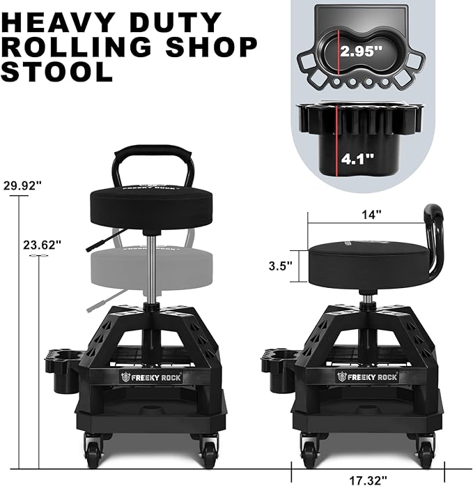 Rolling Shop Stool with Wheels, Heavy Duty Garage Work Mechanic Stool with Backrest, Adjustable Height 360°Swivel Rolling Chair with Tool Tray Storage, 330 LBS Capacity, Black