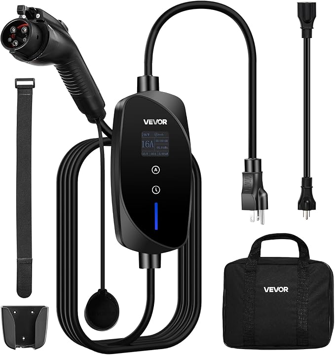 VEVOR Level 1&2 EV Charger, 16 Amp Adjustable Current, Electric Vehicle Portable Charger with 25 ft Cable, 120V-240V, NEMA 6-20P Plug NEMA 5-15 Adapter, LCD, Home Car Charging Station for SAE J1772 EV