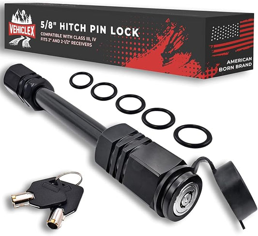 Vehiclex Trailer Hitch Pin Lock for 2" Receiver - Secure 5/8" Locking Pin for Class III, IV Hitch with Exclusive Tubular Key, Built Tough for Dust, Mud, and Thieves