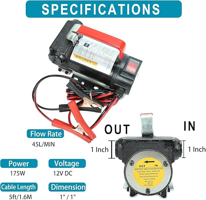 12V 175W Portable DC Electric Fuel Transfer Pump Diesel Kerosene Oil Commercial Fuel Transfer Extractor Pump