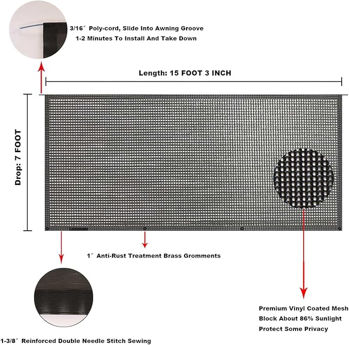 Tentproinc RV Awning Sun Shade Screen 7' X 15' 3'' (Fit for 16' Awning) Mesh Screen Sunshade for Motorhome Camping Trailer Awning Sunscreen Shadescreen UV Sun Blocker - 3 Year Warranty (Black)