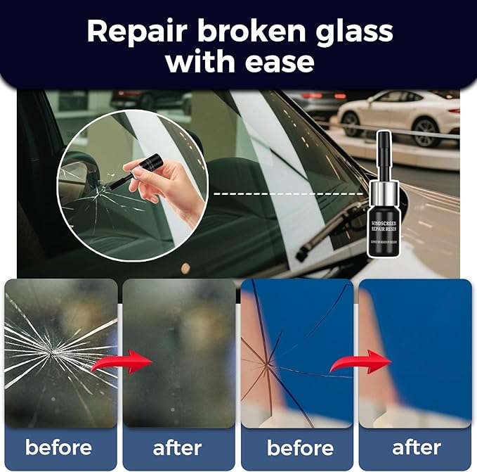 Car Windshield Crack Repair Kit,2Pcs Cracked Windshield Repair Kit, Rock Chip Repair Kit Windshield Chip Repair Kit Quick Fix for Chips, Cracks, Star-Shaped (Black, 2pcs)