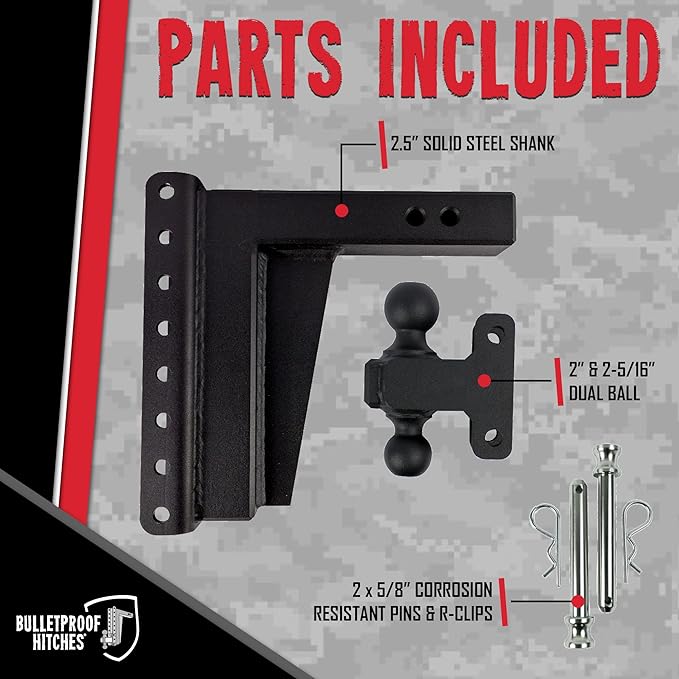 BulletProof Hitches - 2.5" Adjustable Extreme Duty Trailer Hitch (36,000 lb. Rating) - 10" Drop/Rise with 2" and 2 5/16" Dual Ball - Powder Coat, Solid Steel, Corrosion-Resistant