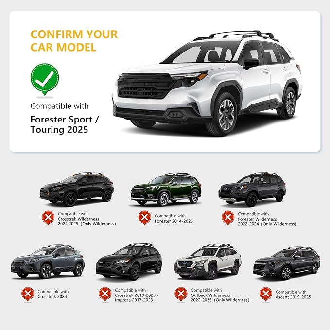 Roof Rack Cross Bars Compatible with Subaru Forester Sport/Touring 2025 2026, Adjustable Aluminum Heavy Duty 300 LBS Anti-Theft Lock Cargo Carrier Rooftop Crossbar for Bike, Snowboard, Luggage