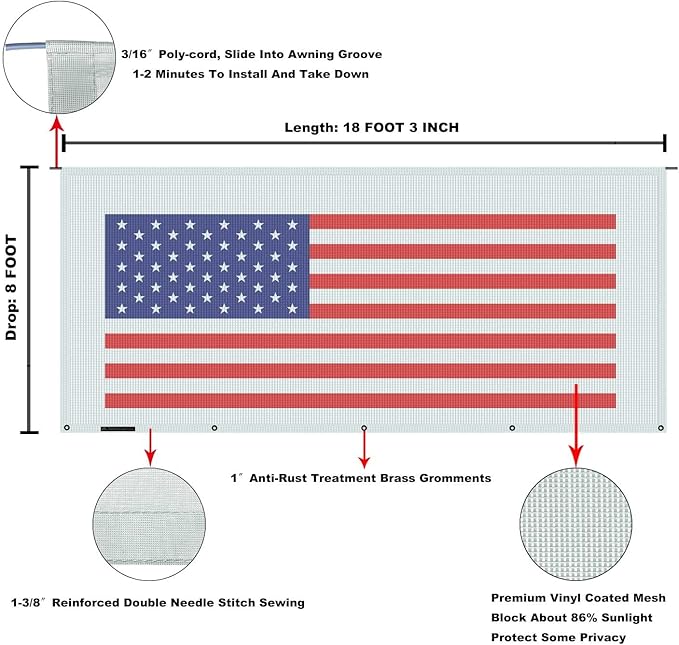 Tentproinc RV Awning Sun Shade Screen 8' X 18' 3'' (American Flag) Gray Mesh Sunshade Camper Trailer Awning Shade Screen UV Blocker Completed Kits