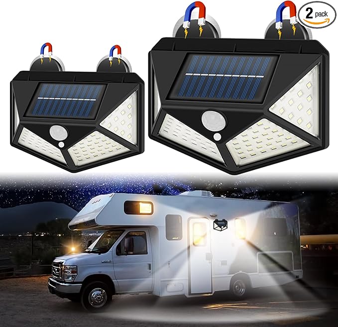 Magnetic Solar RV Light with Motion Sensor – Bright 100 LED RV Exterior Light, Waterproof RV Porch Lights for Camper, Trailer, Motorhome Outdoor– Easy Install with 2 Strong Magnets (2 Pack)