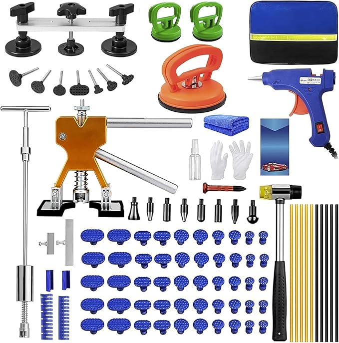 97pcs Dent Puller Kit, Paintless Dent Removal Kit for Dent Removal, Car Dent Puller with Golden Lifter, Bridge Puller, Slide Hammer T-Bar, Dent Remover Tool for Car Refrigerator Door Ding Repair
