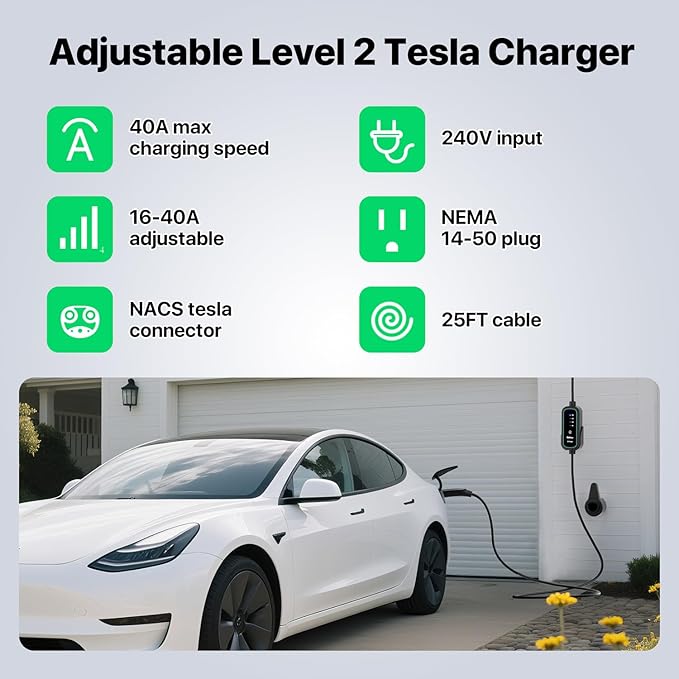 40A Tesla Level 2 NACS Connector EV Charger 9.6KW Fast Electric Vehicle Charging Stations for Home with 240V NEMA 14-50 Plug, 25FT Cable, Travel Bag, Wireless Port Opener