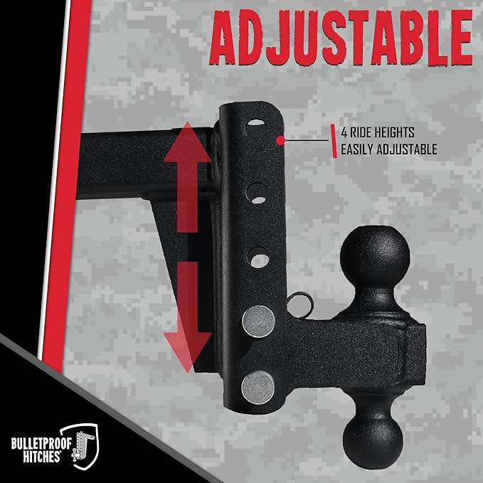 BulletProof Hitches - 2.0" Adjustable Medium Duty Trailer Hitch (14,000 lb. Rating) - 4" Drop/Rise Trailer Hitch with 2" & 2-5/16" Dual Ball - Powder Coat, Box Steel, Corrosion-Resistant
