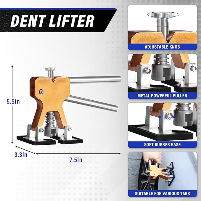 WHDZ Paintless Dent Repair Kit Dent Remover Tools with Dent Lifter Puller, Bridge Puller, 2 in 1 T-Bar Auto Dent Puller Kit for Door Ding Hail Damage