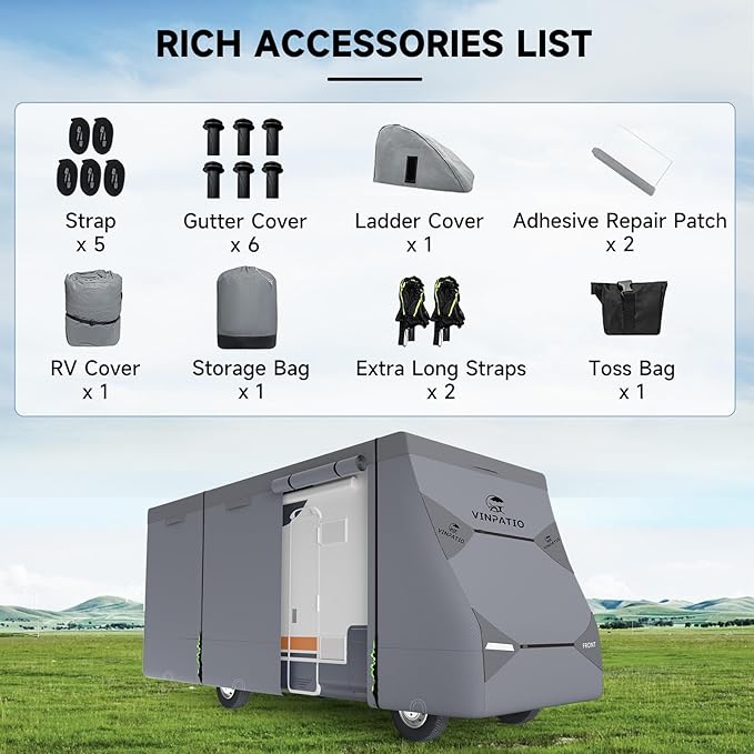 Class C RV Cover Extra Thick 7 Layer Top, Fits 20'-23' RV, Heavy Duty Windproof Class C Cover, Waterproof Anti-UV Camper Cover with RV Accessories 3 Extra Long Straps, Gutter Covers