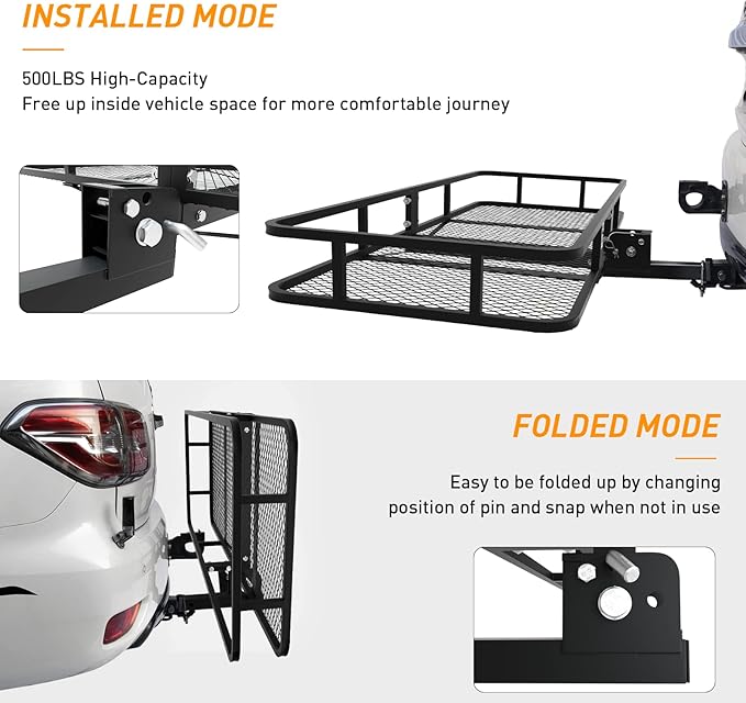 Wildroad Hitch Cargo Carrier Basket Combo 60" x 24" x 6" 500 LBS Folding Trailer Hitch Cargo Carrier Fits 2" Receiver with 18.2 Cubic feet Cargo Bag, Hitch Stabilizer, Cargo Net and Ratchet Straps