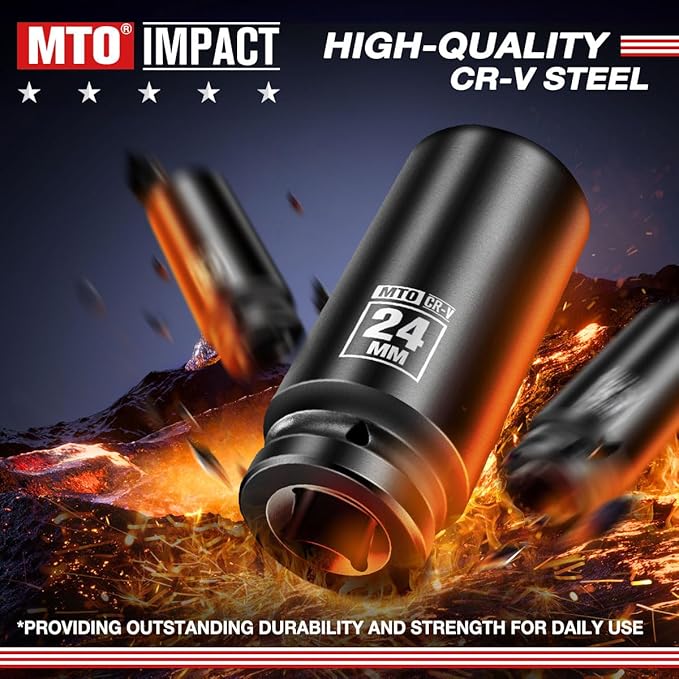 MTO 1/2" Drive 24mm Deep Impact Socket, 6-Point Metric Socket for Automotive Maintaince, CR-V Steel Meets ANSI Standards