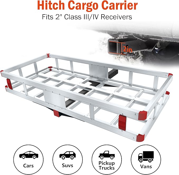 Aluminum Hitch Cargo Carrier, 49.21" x 22.36" x 7.09" Trailer Hitch Cargo Carrier Hitchs Mount Cargos Hitchs Carriers Basket, 500lbs Capacity, Fit 2" Receiver for Suvs Trucks Vans Pickups Camping