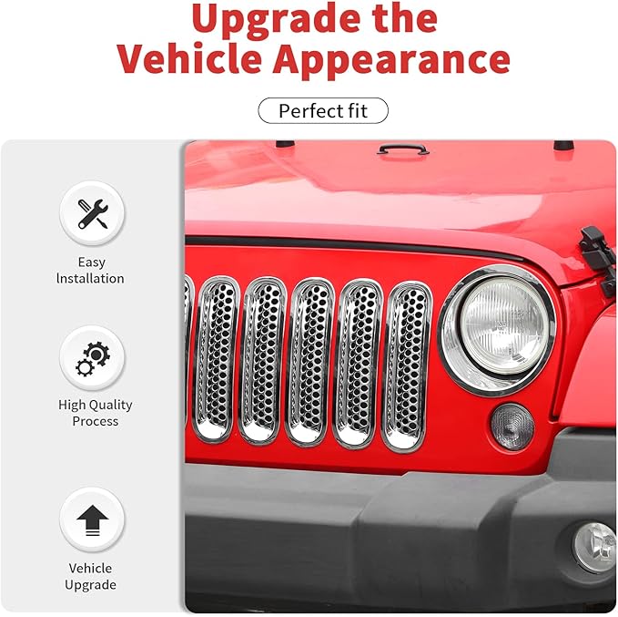Mesh Grille Grill Insert+Headlight Turn Light Cover Trim Fit for 2007-2018 Jeep Wrangler JK JKU(Chrome)