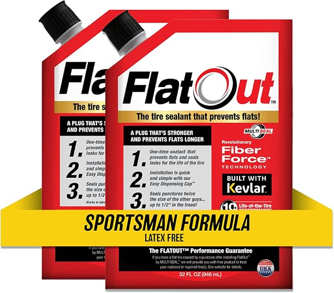 FlatOut Sportsman Formula Tire Sealant - Prevents Flat Tires - Fix a Flat Tire - Seals Leaks - Contains Kevlar - Tubeless Tire Sealant - 32 Ounce Bag - Pack of 2