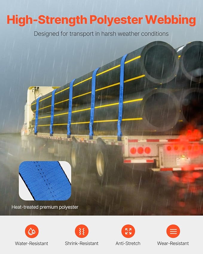 VEVOR Truck Straps, 4" x30' Heavy Duty Tie Down w/Flat Hooks 18,000lbs Break Strength, WLL# 6000lbs, Cargo Straps Tie Down for Flatbeds, Trucks, Trailers, Farms, Rescues, Tree Saver, Blue(10 Pack)