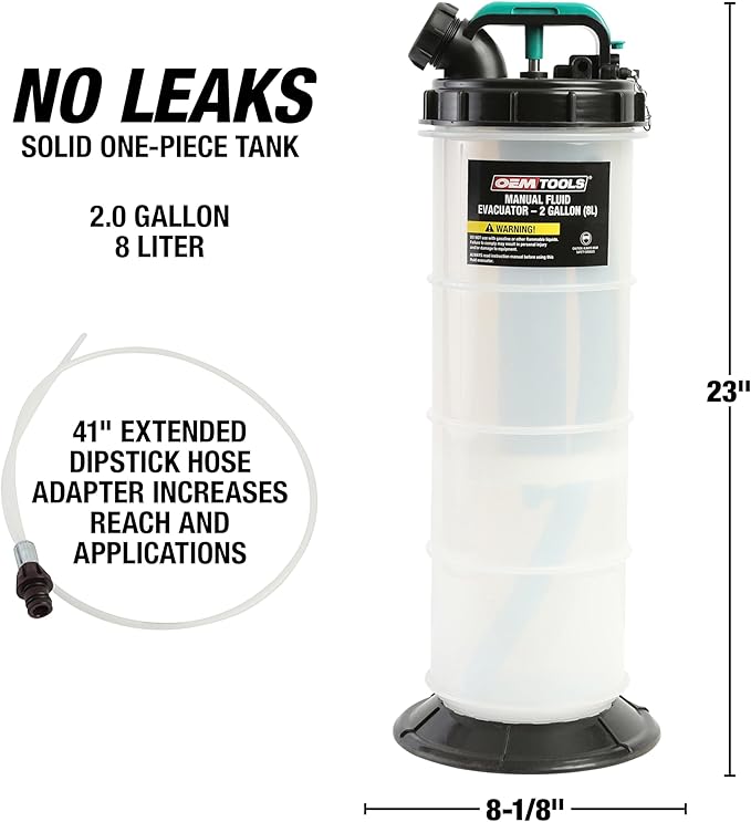 OEMTOOLS 24936 Manual Fluid Extractor Pump, 2 Gallon (8L) Oil Extractor Pump Capacity, Use for Oil, Coolant, and Transmission Fluid, 2 Dipstick Adapters, 5ft Hose