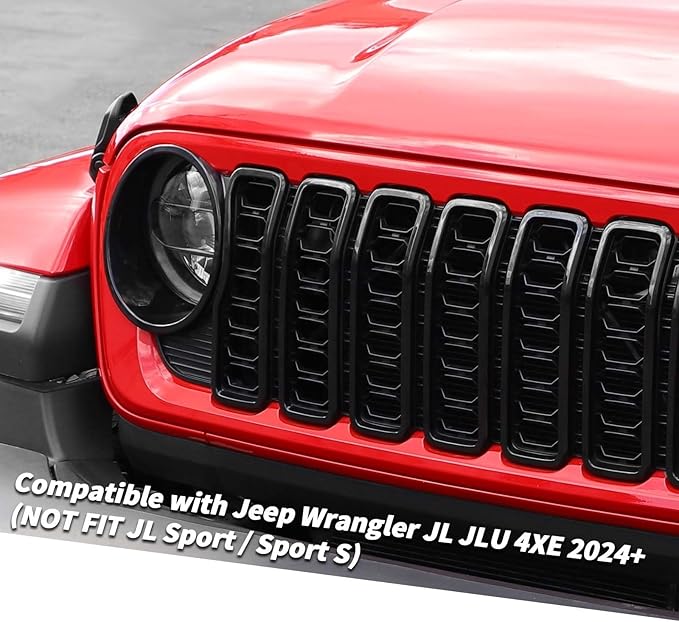 Jimen for 2024 Jeep Wrangler 4xe Grill Inserts, 9PCS Headlight Cover & Grille Insert Compatible with Jeep Wrangler JL JLU 2024+, NOT FIT JL Sport/Sport S (Black)