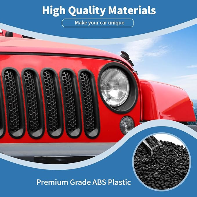 for Jeep JK Front Grille Inserts & Headlight Cover Trim Ring for Jeep Wrangler JK JKU 2007-2017 Black Exterior Accessories 9pcs