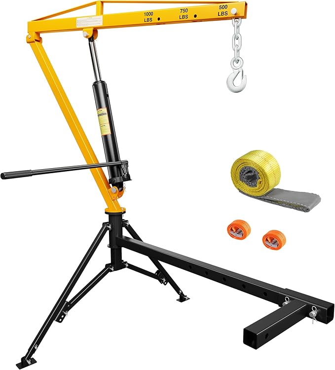 1000lbs Receiver Hitch Mounted Hydraulic 360° Swivel Truck Crane with 3 Boom Capacity Options: 500lbs, 750lbs, 1000lbs. Ideal for Workshops, Construction, Agriculture, and Logging,Yellow