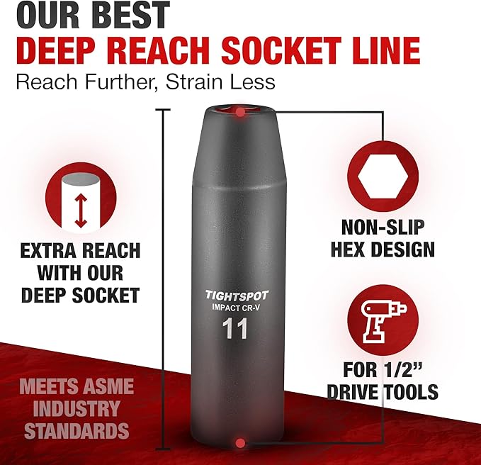 TIGHTSPOT 1/2 Inch Drive - 11 mm Deep Impact Socket with Anti-Rounding 6 Point Design, Heat-Treated CRV Steel, Metric