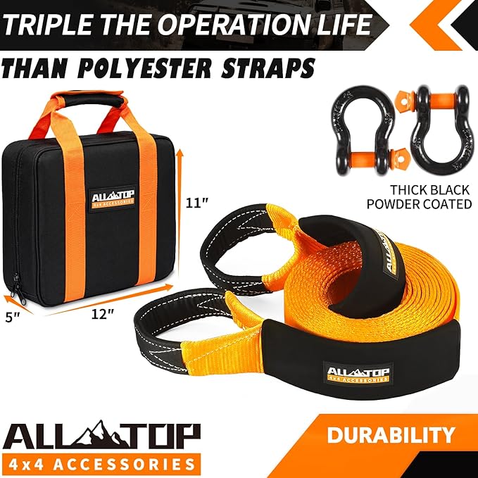 ALL-TOP Extreme Duty Tow Strap Recovery Kit: 4inch x 30ft (46,500lbs) 100% Nylon and 22% Elongation Snatch Strap + 3/4 Heavy Duty D Ring Shackles (2pcs) + Storage Bag