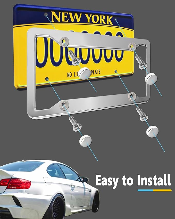 Stainless Steel License Plate Frames- 2 Pack Mirror Polished Front & Rear Auto Car Tag Holder, Heavy Duty Chrome Bracket with Mount Hardware, Screws Caps