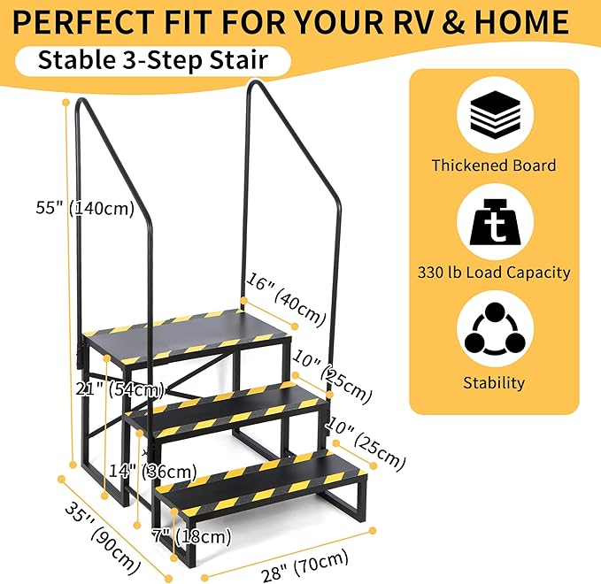 RV Steps, 3 Step Camper Steps Outdoor Hot Tub Mobile Home Stairs Anti-Slip with 2 Handrail for Travel Trailer Motor Home Boat Camper and Porch for Dogs Elder Child