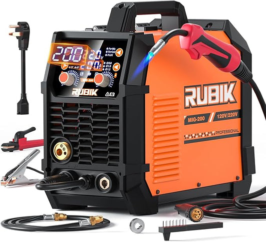 RUBIK MIG Welder,200 Amp 5 in 1 Flux Core Welder,Gas MIG/Gasless Flux Core MIG/Stick/Lift TIG/Spot welding/Spool Gun 110V/220V Aluminum Multi Process Welding Machine with Large LED Digital Display